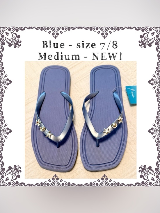 Shoes - Sandals Flip Flops slip on - size 7/8 medium NEW!  Blue w/silver sea accents